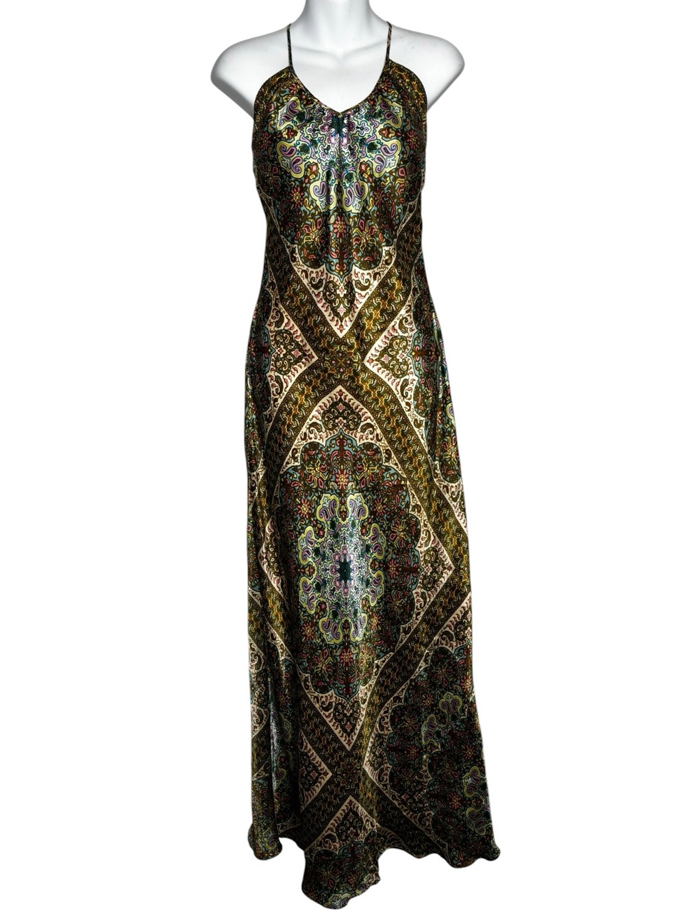 Nicole Miller 100% Silk Paisley Maxi Dress Boho Y2K Medallion Sz 6 70s Resort